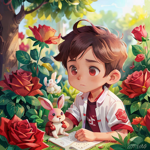 a boy sitting at a table with a bunny and a book in front of him, surrounded by roses