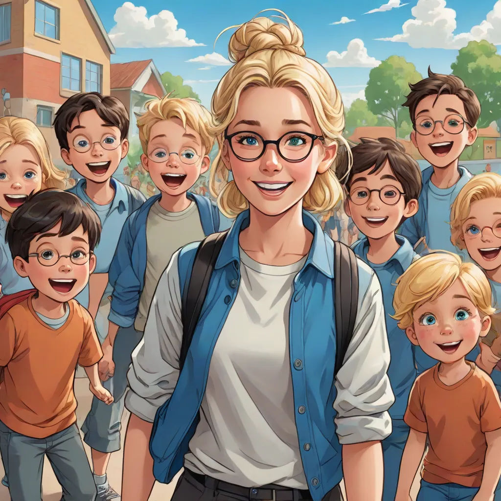 a woman standing in front of a group of children with glasses on her face and a backpack on her shoulder, Ada Gladys Killins, remodernism, a stock photo, official art