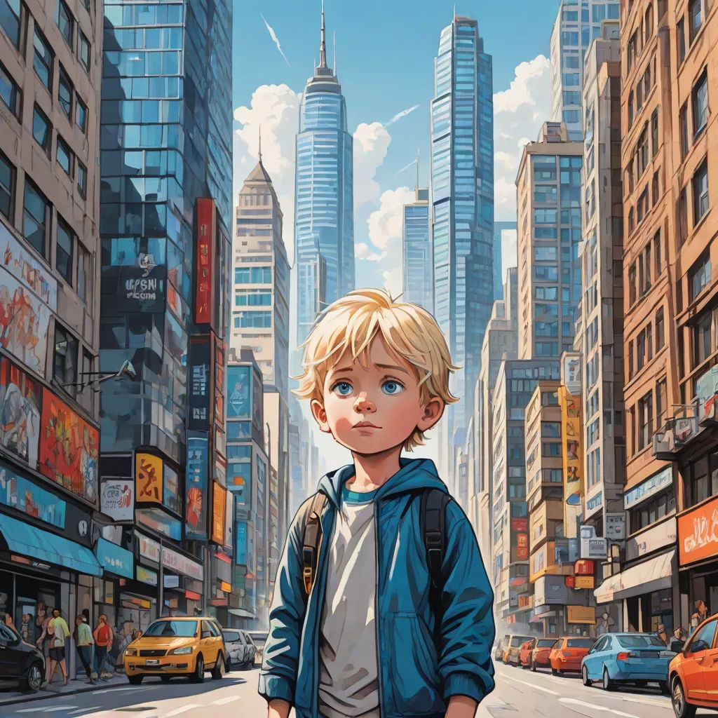 a painting of a boy standing in the middle of a city street with a backpack on his shoulder and a cityscape in the background, Aaron Jasinski, hyperrealism, a comic book panel, stanley artgerm lau