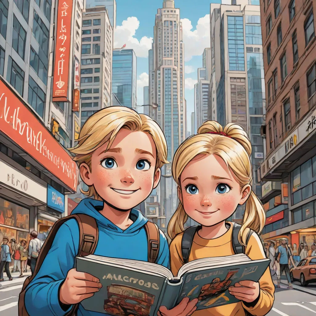 a couple of people that are standing in the street with a book in hand and a city in the background, Cliff Childs, lyco art, a storybook illustration, rossdraws global illumination