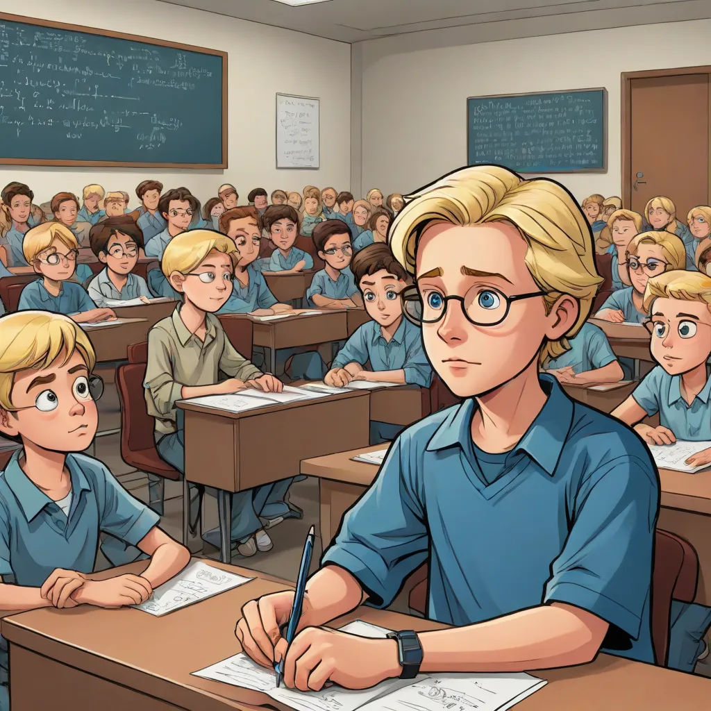 a cartoon of a boy sitting at a desk in front of a class of other students with a pencil in his hand, Aaron Jasinski, remodernism, a comic book panel, official art