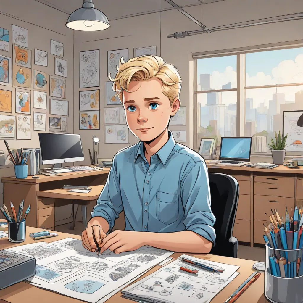a man sitting at a desk with a computer and a book in front of him and a lot of papers, Anson Maddocks, sots art, computer graphics, art station