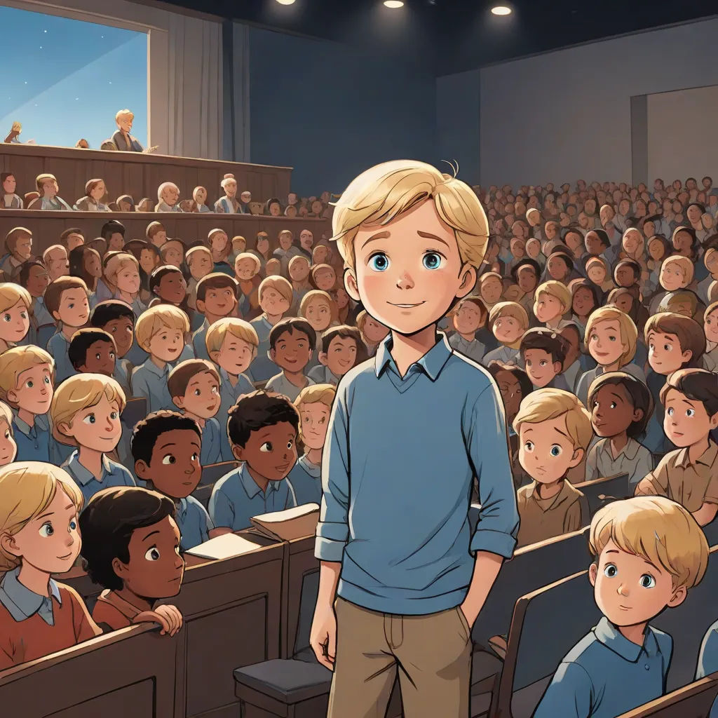 a boy standing in front of a classroom full of students in blue shirts and brown pants, with a microphone in his hand, Cliff Childs, vancouver school, a comic book panel, graphic novel