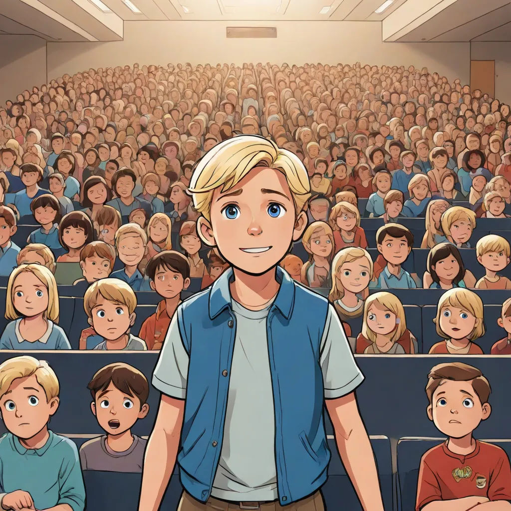a man standing in front of a crowd of people in a lecture hall with a cartoon of him smiling, Don Bluth, vancouver school, a comic book panel, graphic novel
