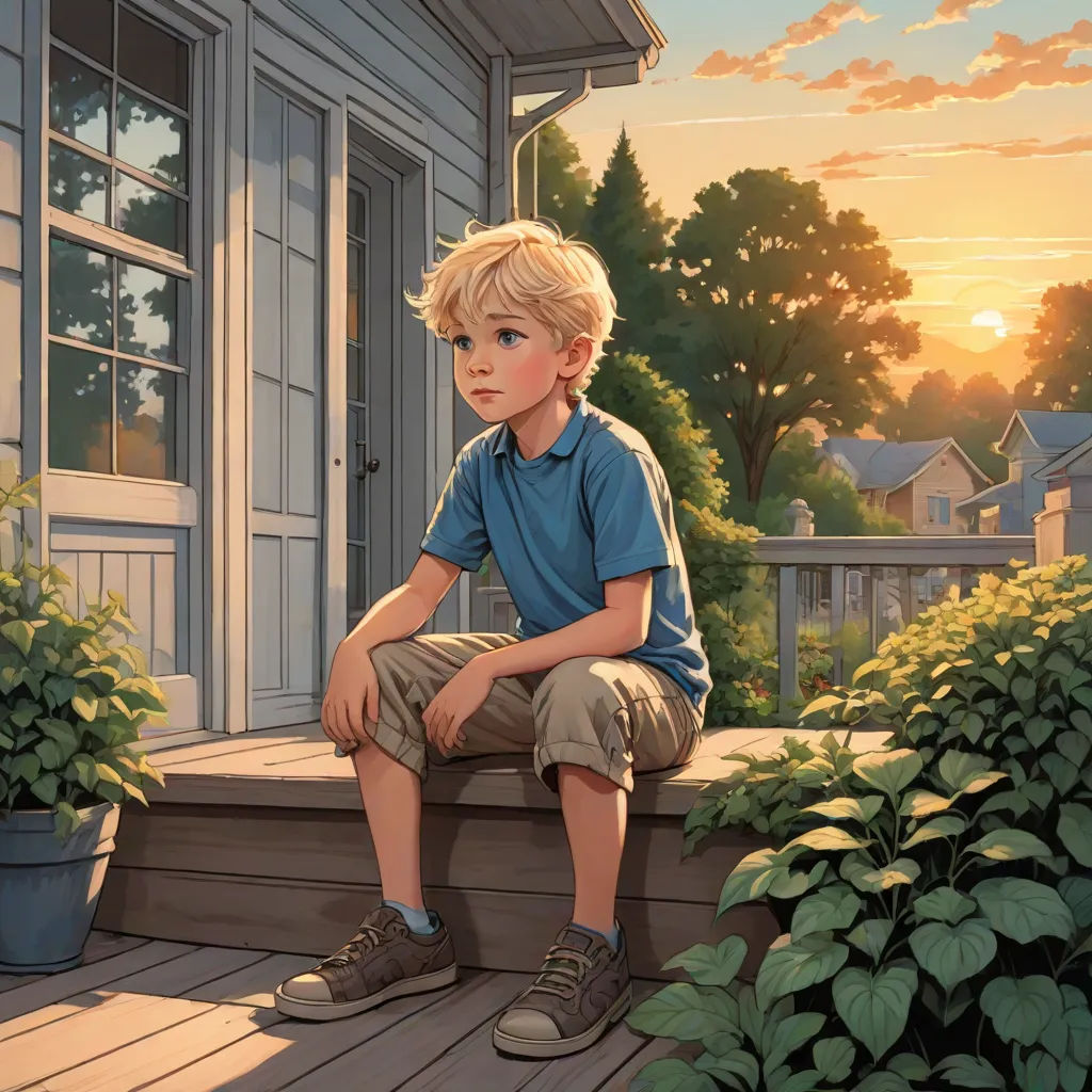 a painting of a boy sitting on a porch with a potted plant in front of him and a sunset in the background, Aaron Jasinski, american scene painting, a storybook illustration, official art
