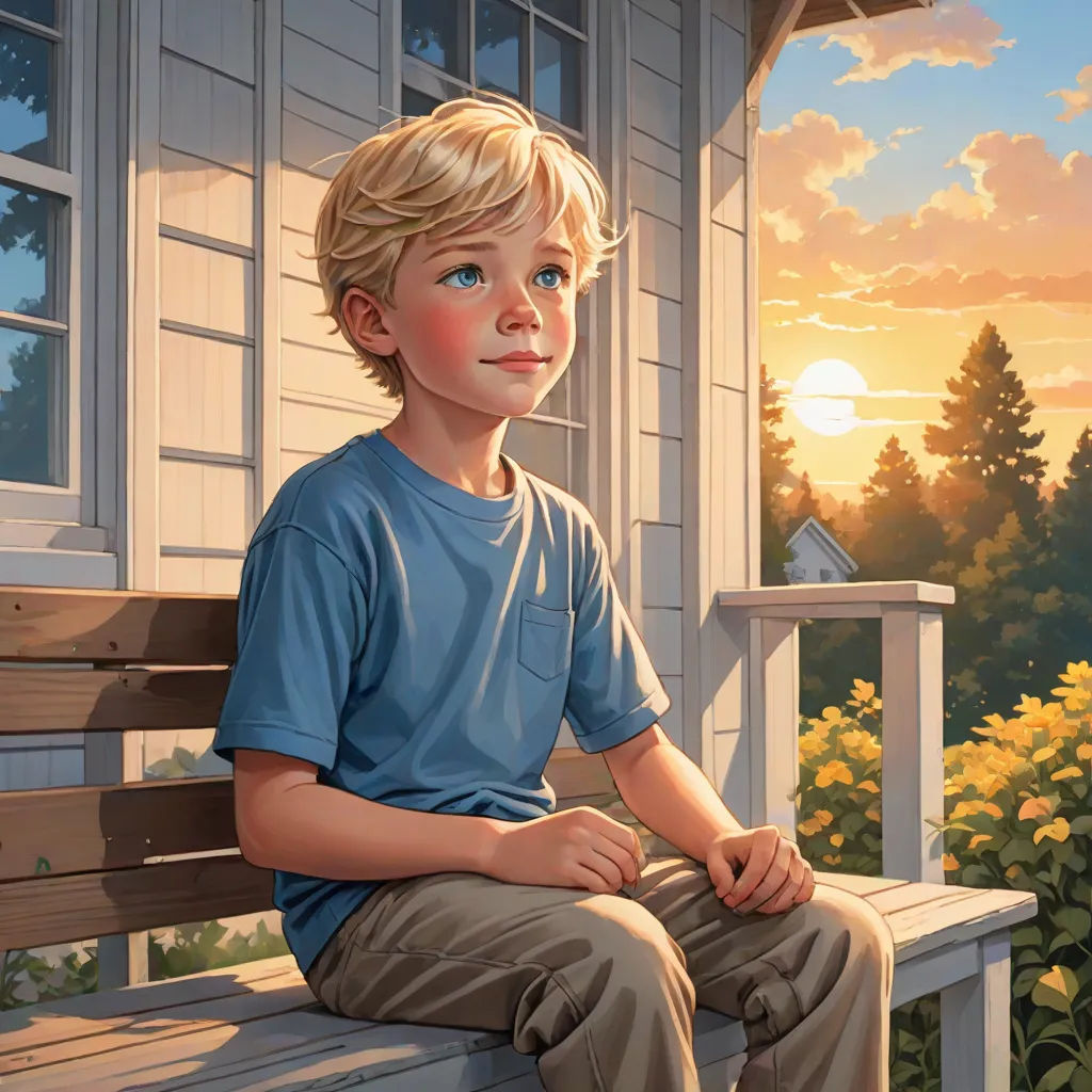 a painting of a boy sitting on a bench in front of a house at sunset with the sun setting, Aaron Jasinski, american scene painting, a storybook illustration, kinkade