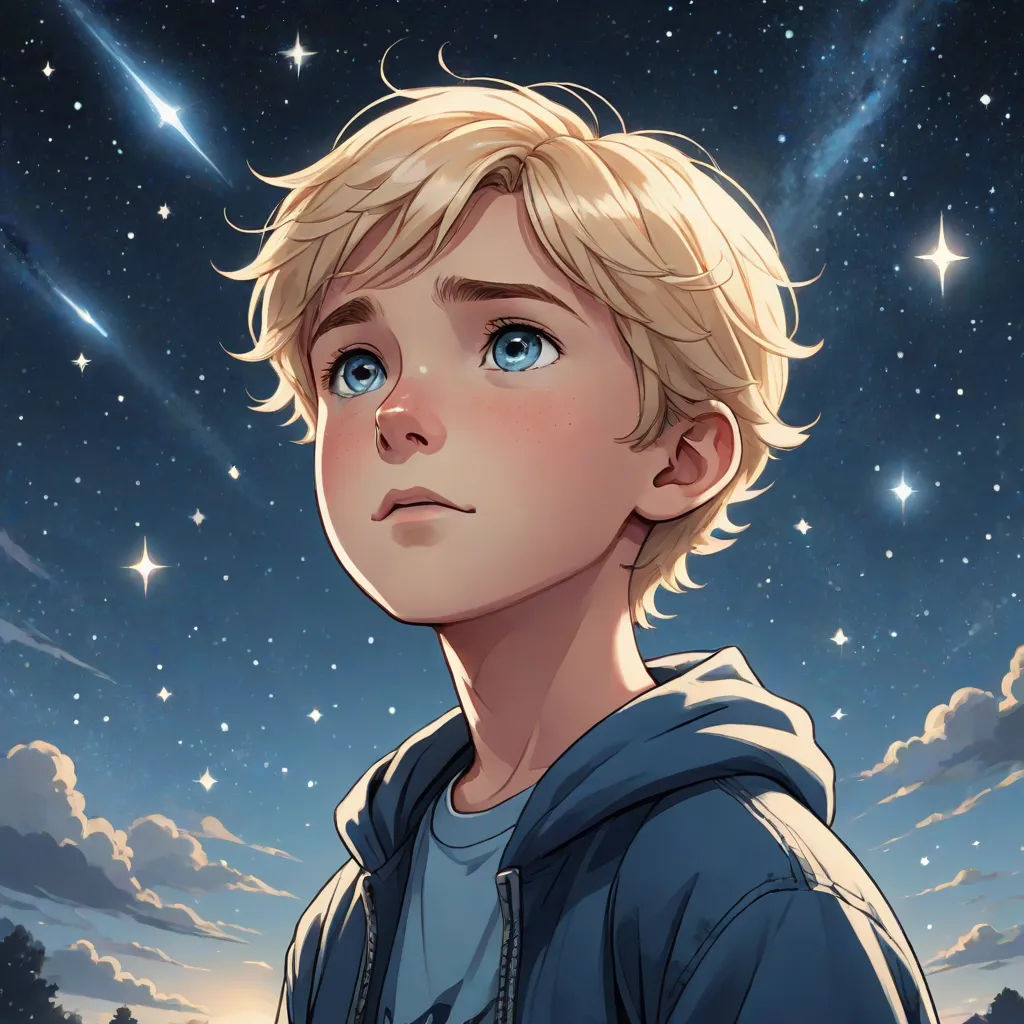a boy with blonde hair and blue eyes stares into the distance at the stars in the sky above him, Aaron Jasinski, space art, a character portrait, rossdraws global illumination