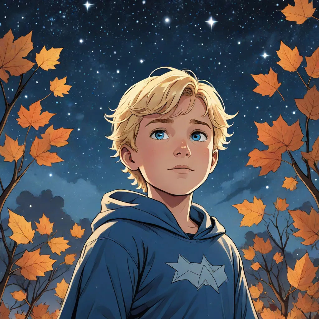 a boy in a blue hoodie standing in front of a night sky with stars and leaves on it, Aaron Jasinski, space art, a comic book panel, comic cover art