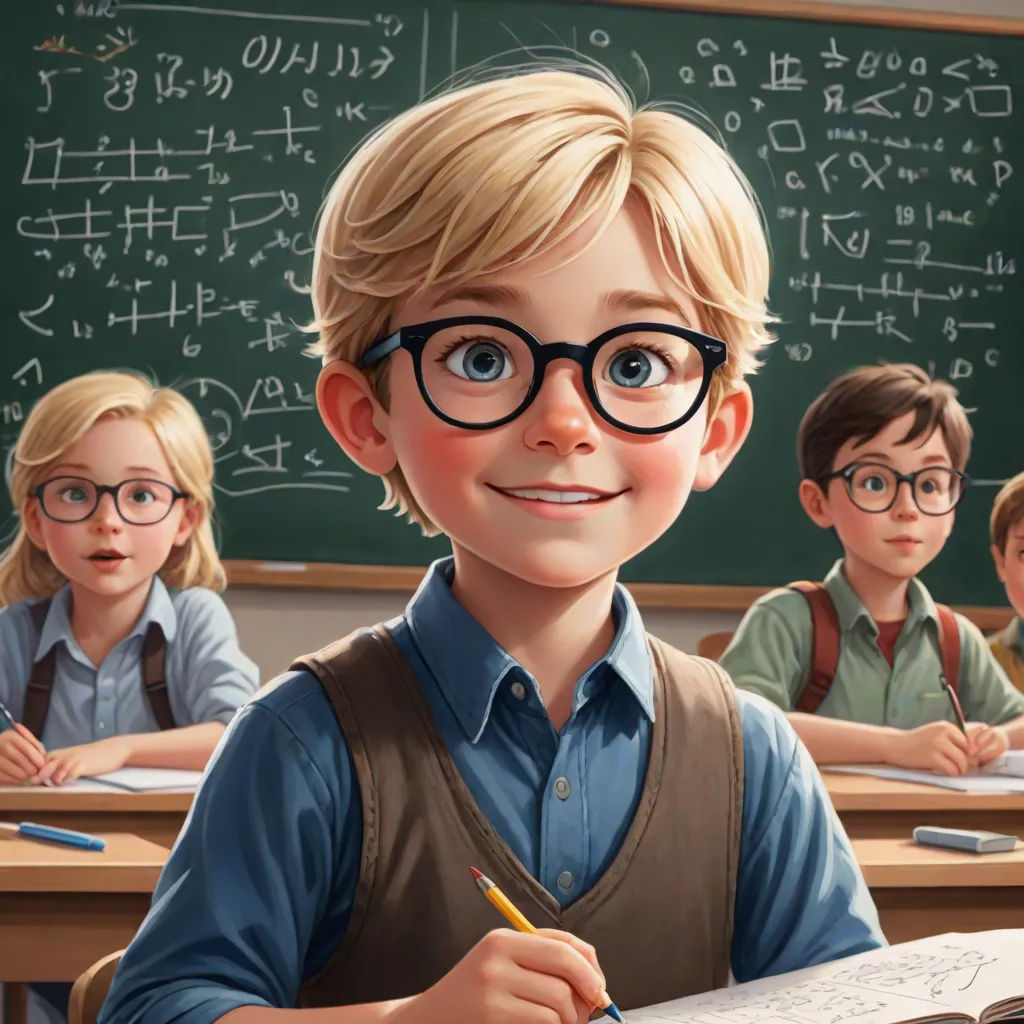 a boy with glasses and a book in front of him in a classroom with other children in the background, Bob Byerley, academic art, a detailed painting, cgstudio