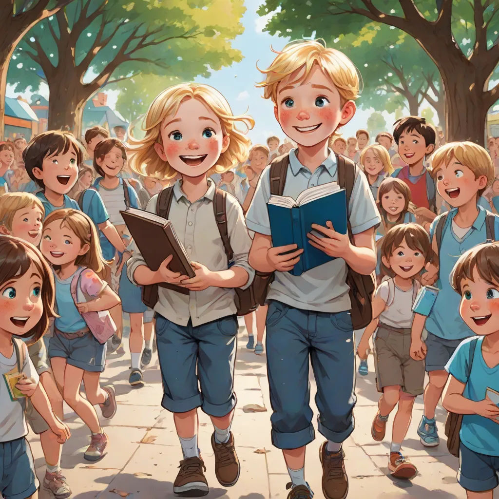 a boy and a girl are standing in front of a crowd of children with books in their hands and smiling, Brothers Hildebrandt, paris school, a storybook illustration, cushart krenz