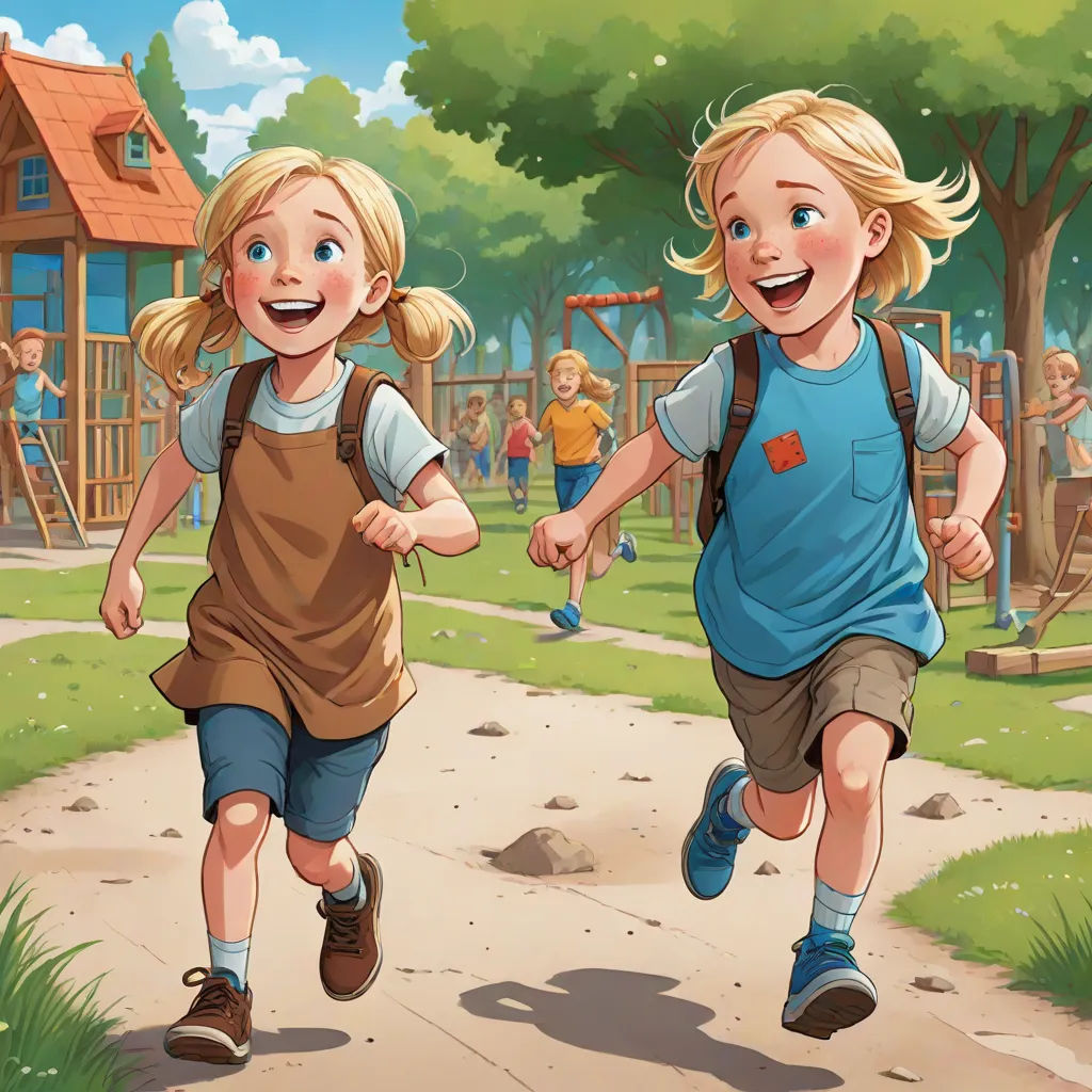 two children running down a path in a park with a playground in the background and a play area in the background, Bob Byerley, danube school, a storybook illustration, official art