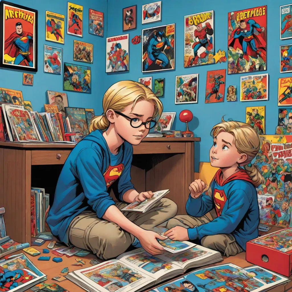 a boy and a girl sitting on a bed reading comics together in a room with comic books on the walls, F Scott Hess, figurativism, a comic book panel, comic book
