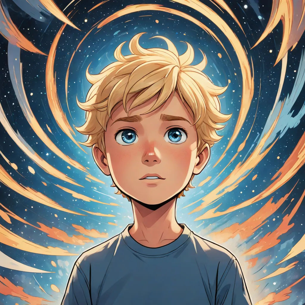 a boy with blonde hair and blue eyes stares into the distance with a swirling background of stars and a blue sky, Aaron Jasinski, space art, poster art, rossdraws global illumination