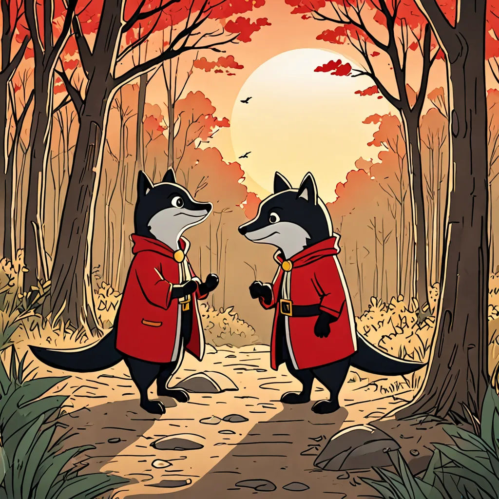 two cartoon foxes in red coats standing in a forest with a red sun in the background and trees with red leaves, furry art, an album cover, Caspar Wolf, comic cover art