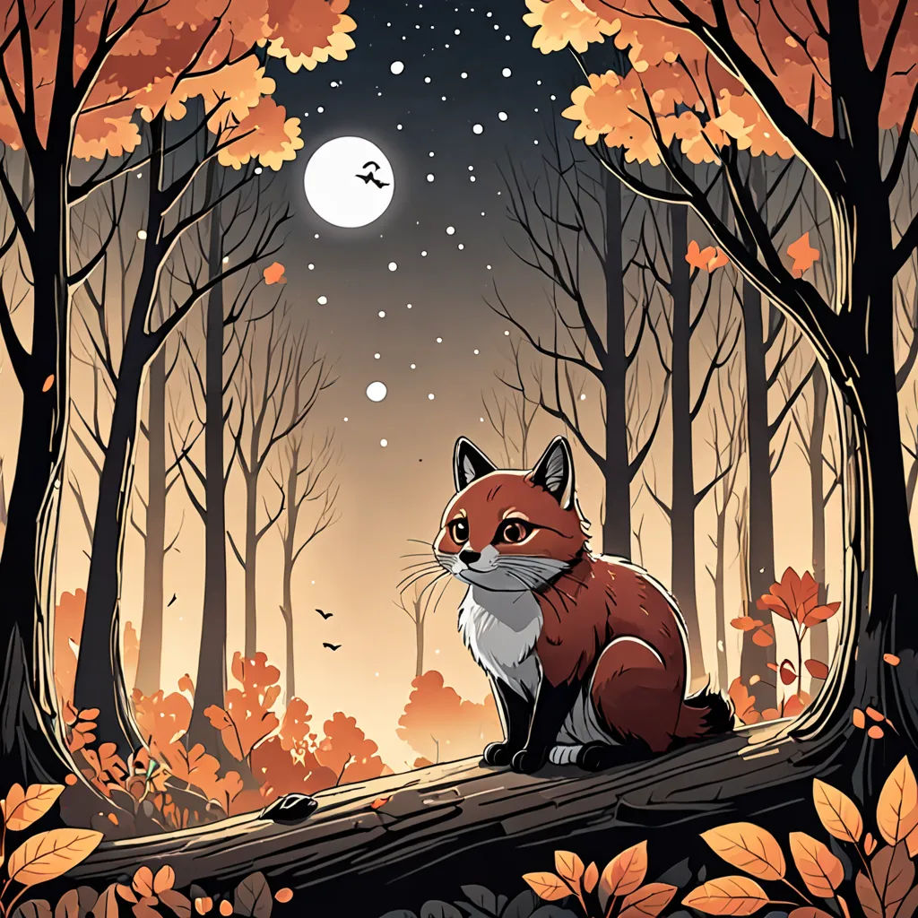 a fox sitting on a log in a forest at night with a full moon in the background and leaves on the ground, fantasy art, a storybook illustration, Dan Mumford, storybook illustration