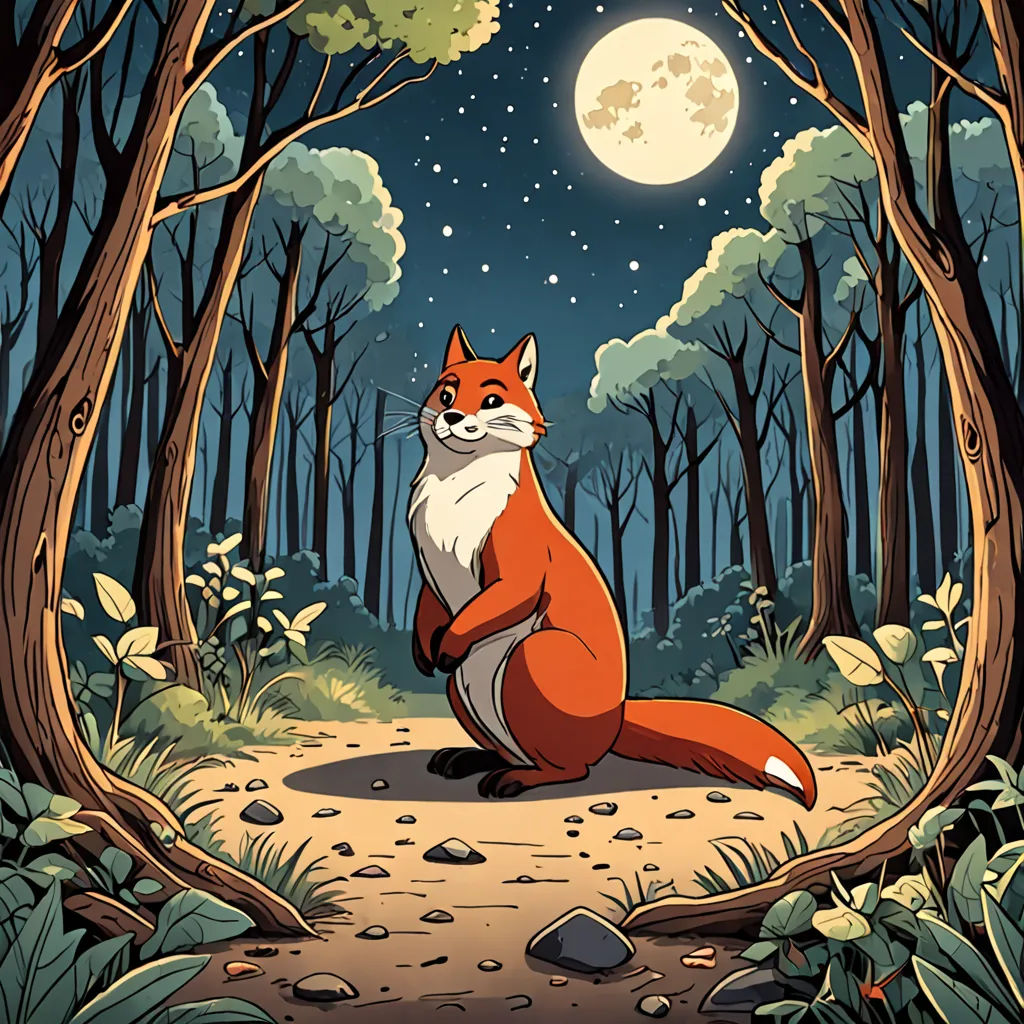 a fox sitting in the middle of a forest at night with a full moon in the background and stars in the sky, furry art, a storybook illustration, Dan Mumford, promotional image