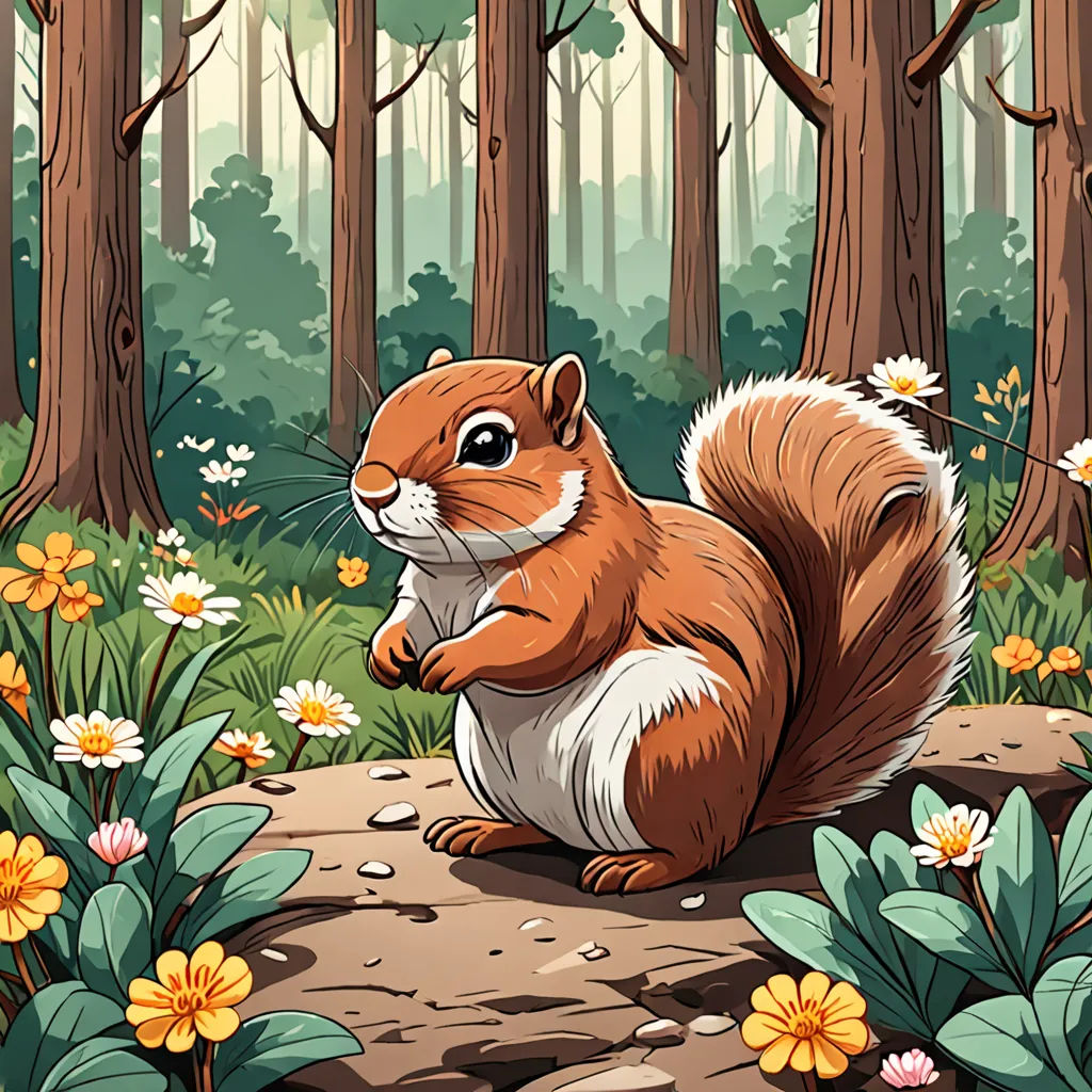 a squirrel sitting on a rock in a forest with flowers and trees around it, looking at the camera, furry art, a storybook illustration, Chris LaBrooy, game art