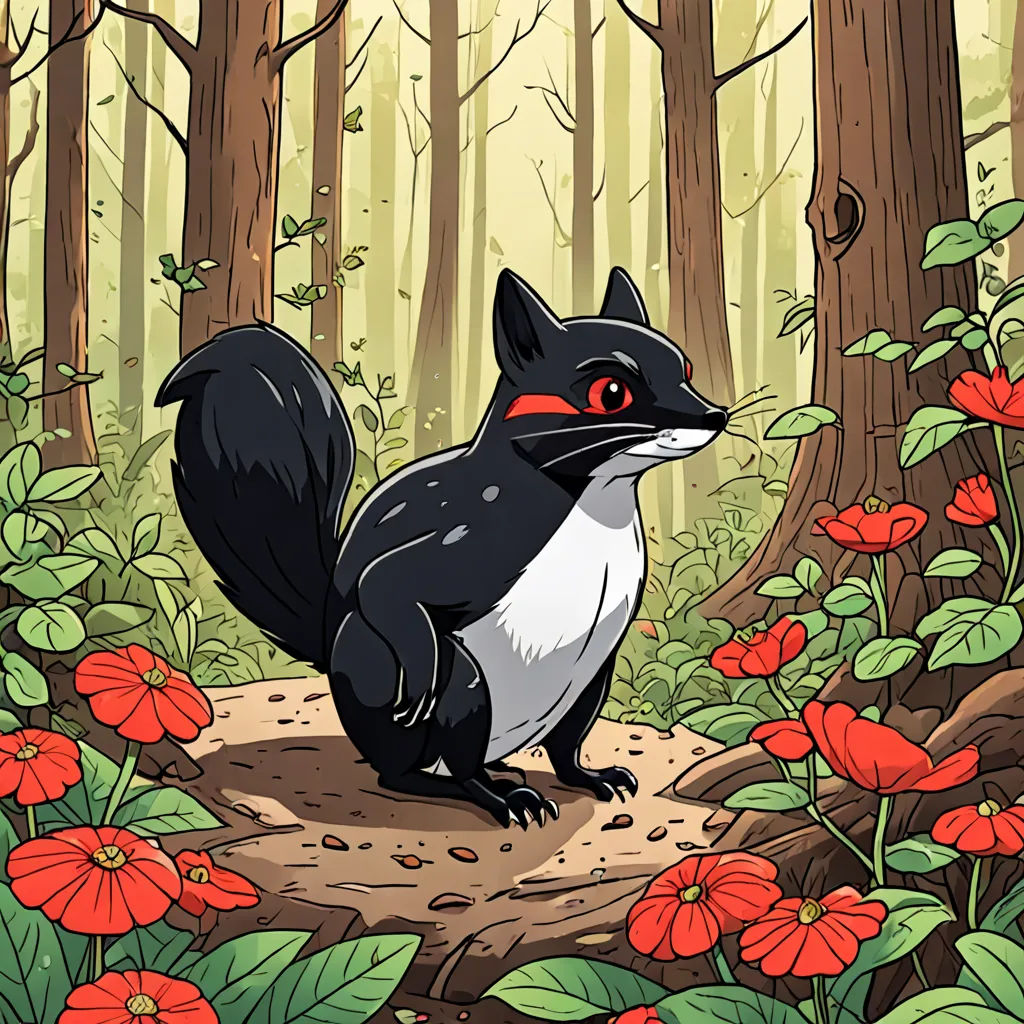 a black and white animal standing in a forest with red flowers and trees in the background and a forest floor with red flowers, sots art, a character portrait, Brom, bravely default inspired