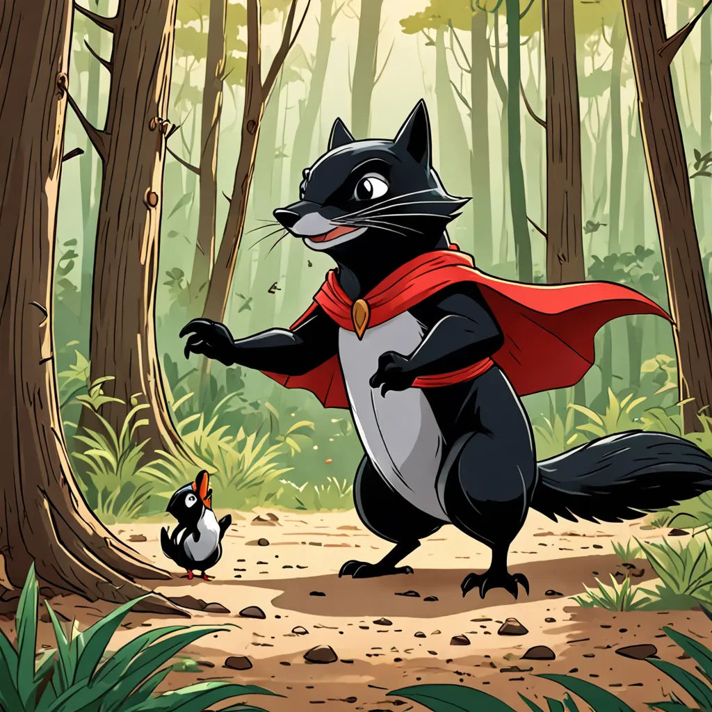 a cartoon of a black cat in a red cape standing in the woods with a duck in the foreground, furry art, a storybook illustration, Cliff Childs, storybook illustration