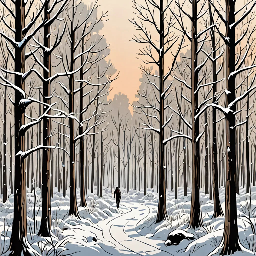 a person walking through a snowy forest with trees and bushes on either side of the path, with a person walking in the distance, serial art, a comic book panel, Dan Mumford, laurie greasley