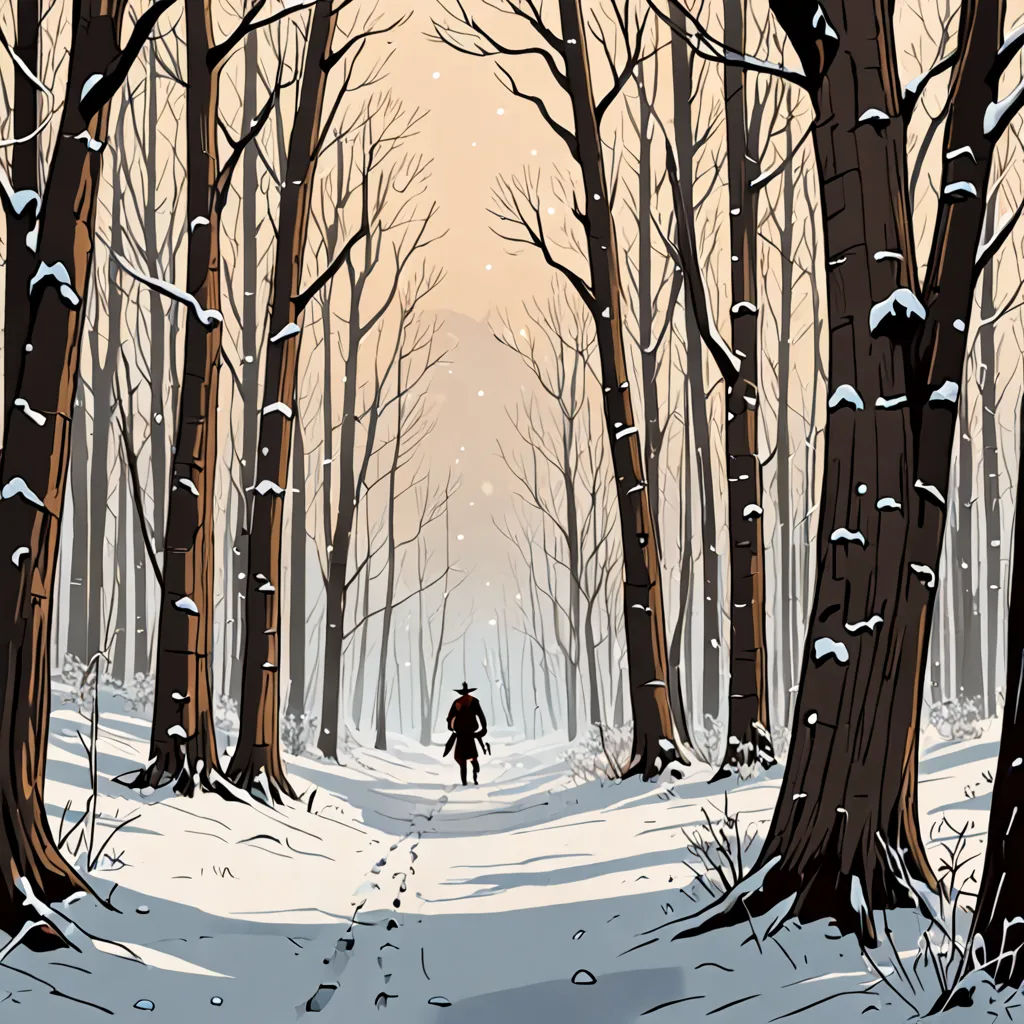 a person walking through a snowy forest with trees and snow on the ground and a trail in the woods, serial art, a comic book panel, Asaf Hanuka, laurie greasley