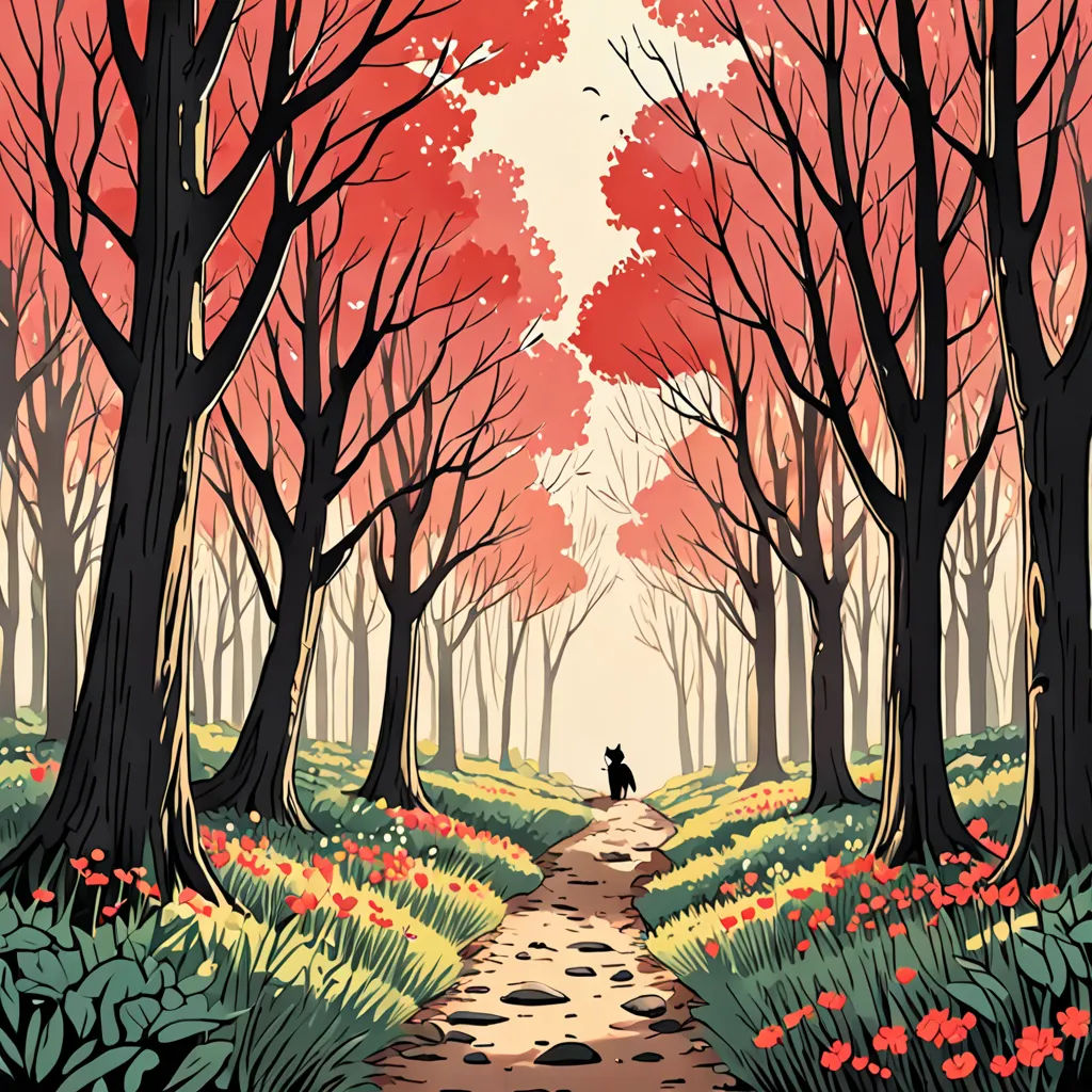 a painting of a man walking down a path in a forest with red trees and flowers on either side of the path, serial art, a storybook illustration, Dan Mumford, comic cover art