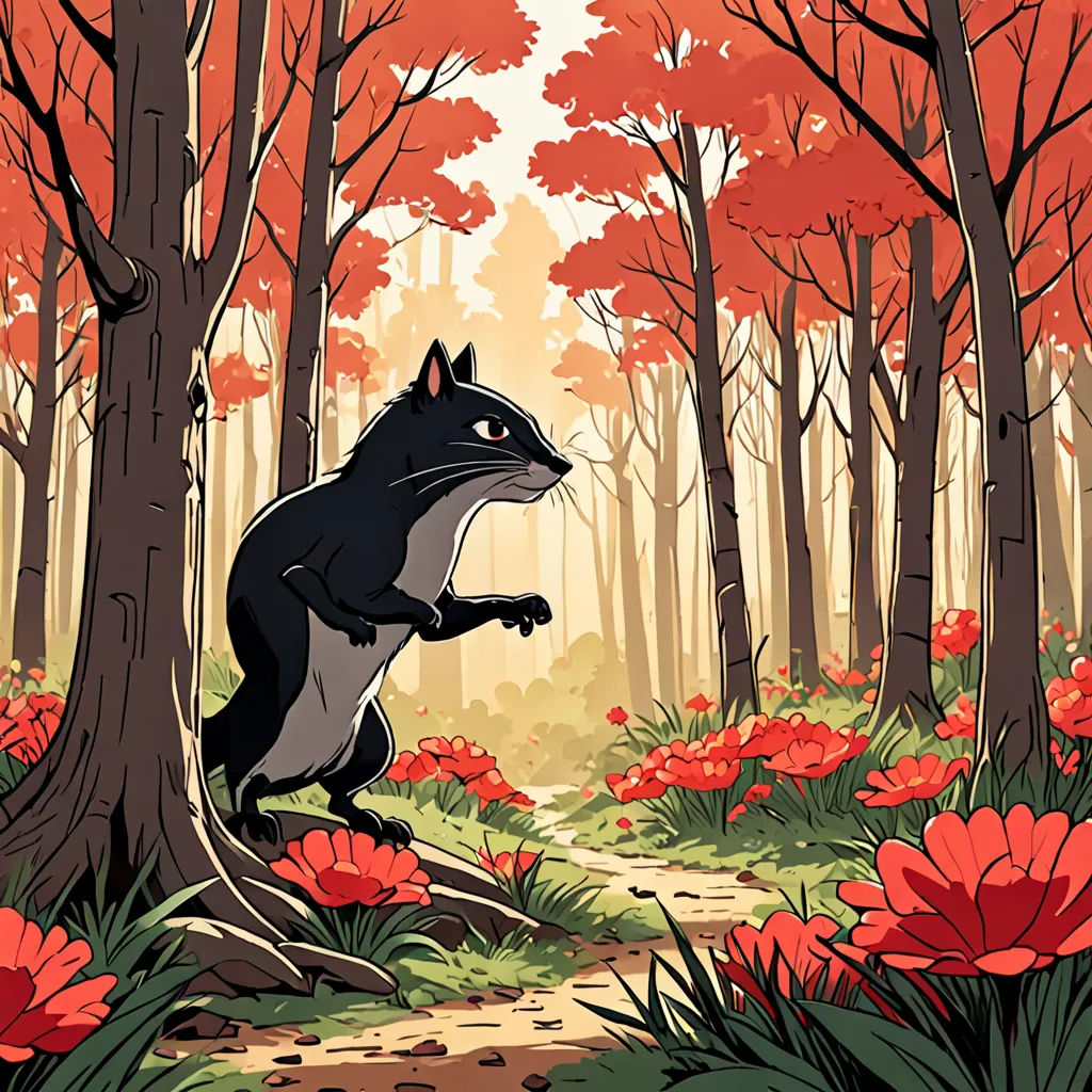 a cartoon of a squirrel in a forest with red flowers and trees in the background, with a path leading to the ground, serial art, a storybook illustration, Chris LaBrooy, rossdraws global illumination