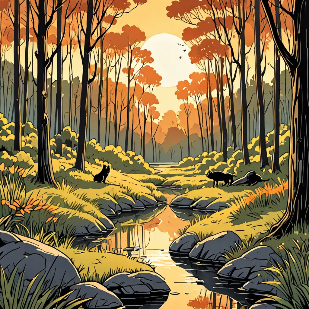 a painting of a stream in a forest with rocks and trees at sunset with a wolf in the distance, environmental art, a storybook illustration, Dan Mumford, josan gonzales and dan mumford