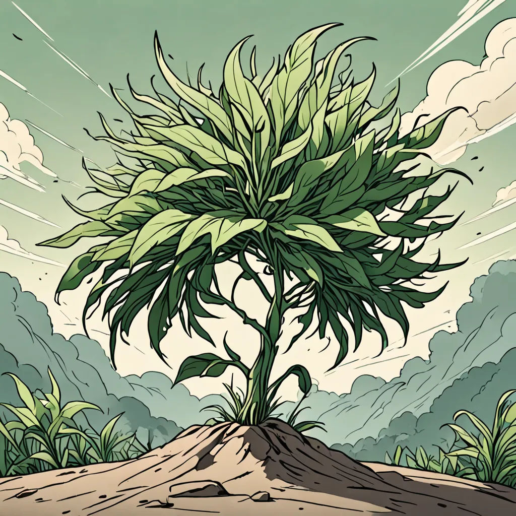 a cartoon of a tree on a hill with a sky background and clouds in the background, with a sunburst in the sky, environmental art, a comic book panel, Asaf Hanuka, wind