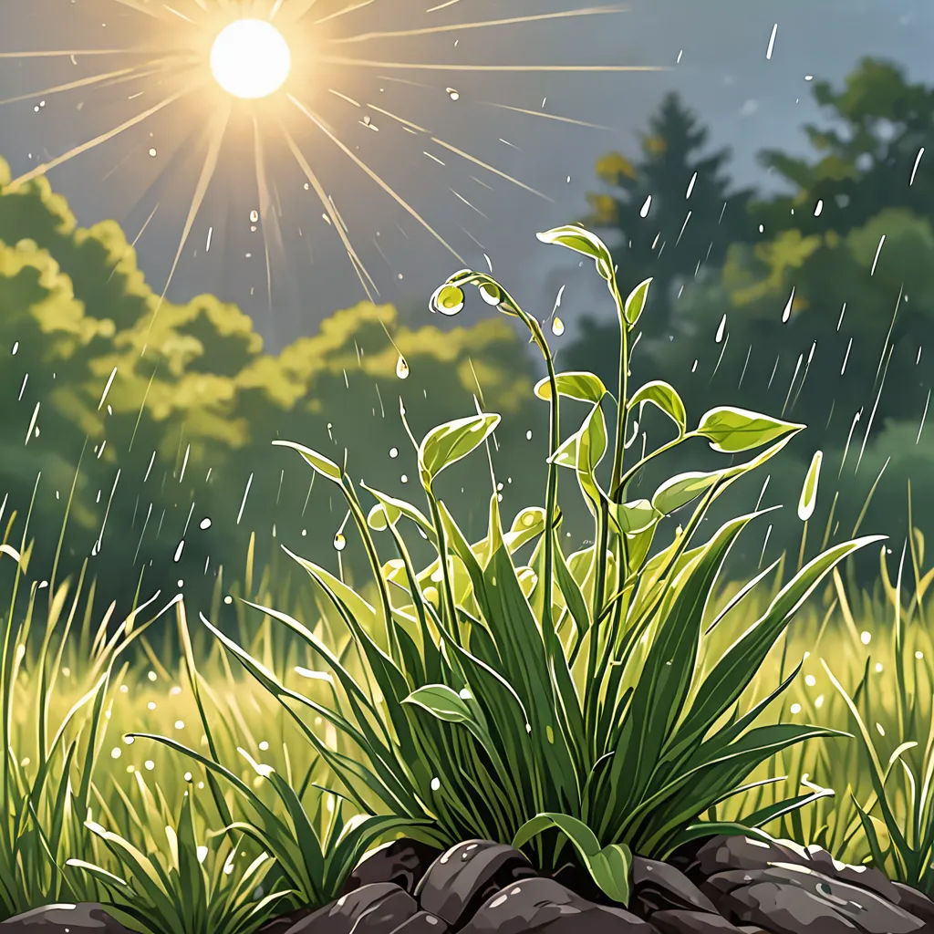 a painting of a sun shining over a field of grass and plants with rocks and grass growing on the ground, photorealism, a detailed painting, Alena Aenami, rain