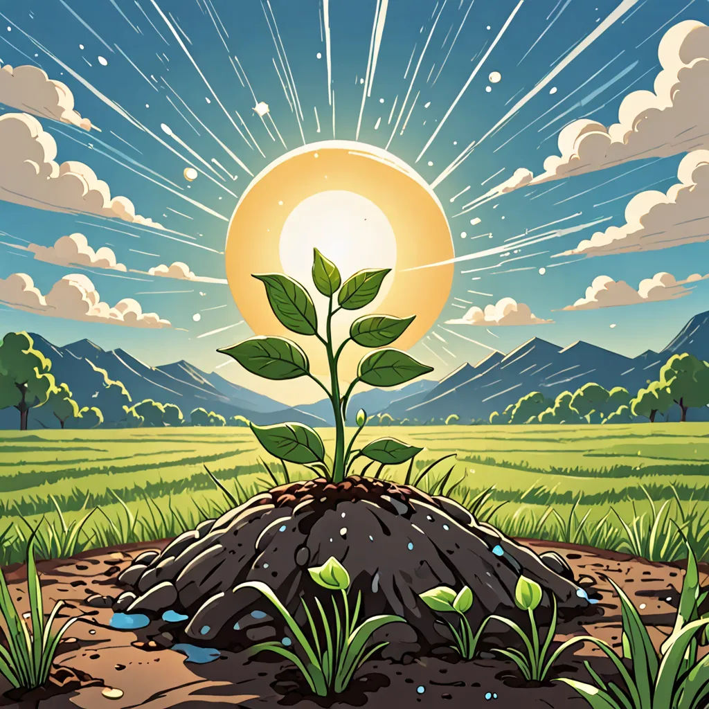 a plant growing out of a mound of dirt in a field with a sun in the background and clouds in the sky, environmental art, a storybook illustration, David Martin, rossdraws global illumination