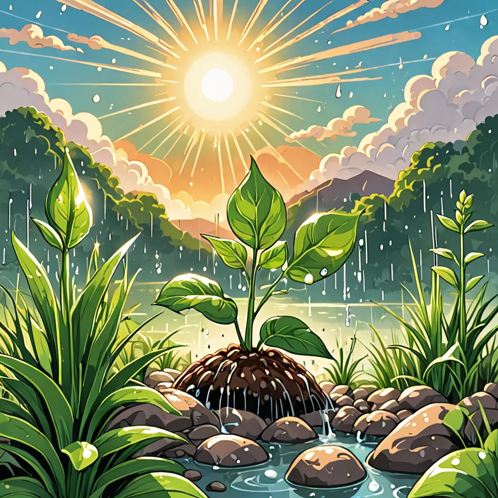 a painting of a sun setting over a river with a plant growing out of it's ground and rocks, environmental art, a storybook illustration, Dan Mumford, sun