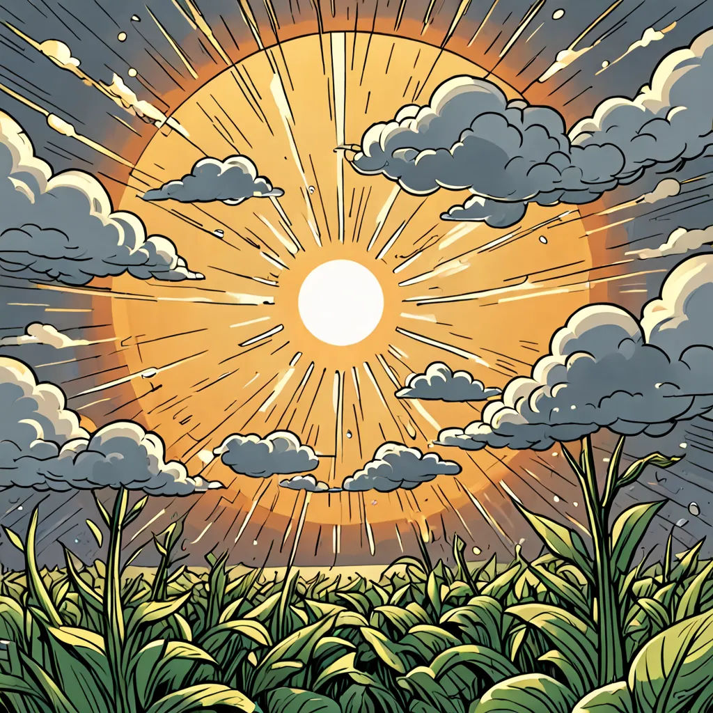 a painting of a sun setting over a field of grass with clouds in the sky above it and a sun in the middle of the sky, naturalism, a comic book panel, Dan Mumford, sun
