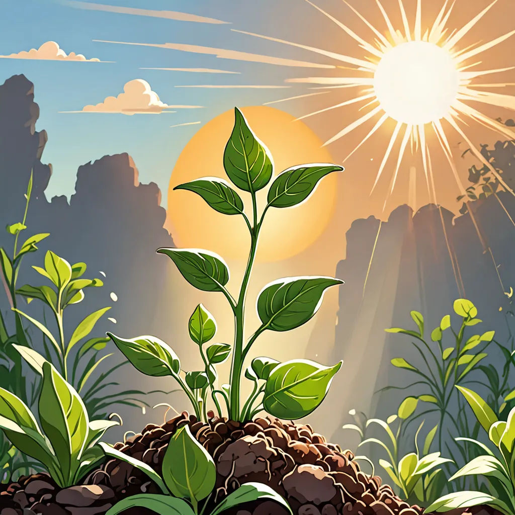 a plant growing out of a pile of dirt in the middle of a field with the sun in the background, naturalism, a storybook illustration, Don Bluth, sun