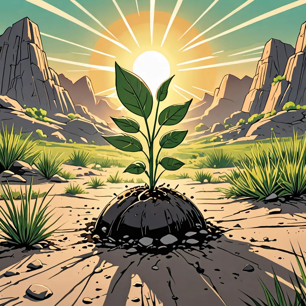 a plant sprouts from a rock in a desert landscape with mountains in the background and sun shining, environmental art, a poster, David Martin, promotional image