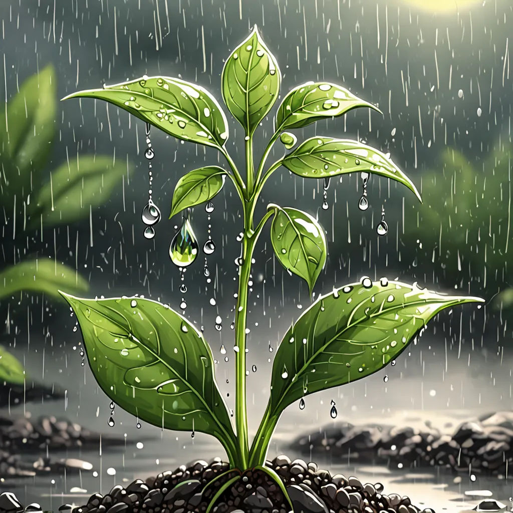 a plant sprouts from a pile of rocks in the rain with water droplets on it and a green leaf, environmental art, a digital painting, Cyril Rolando, highly detailed digital painting