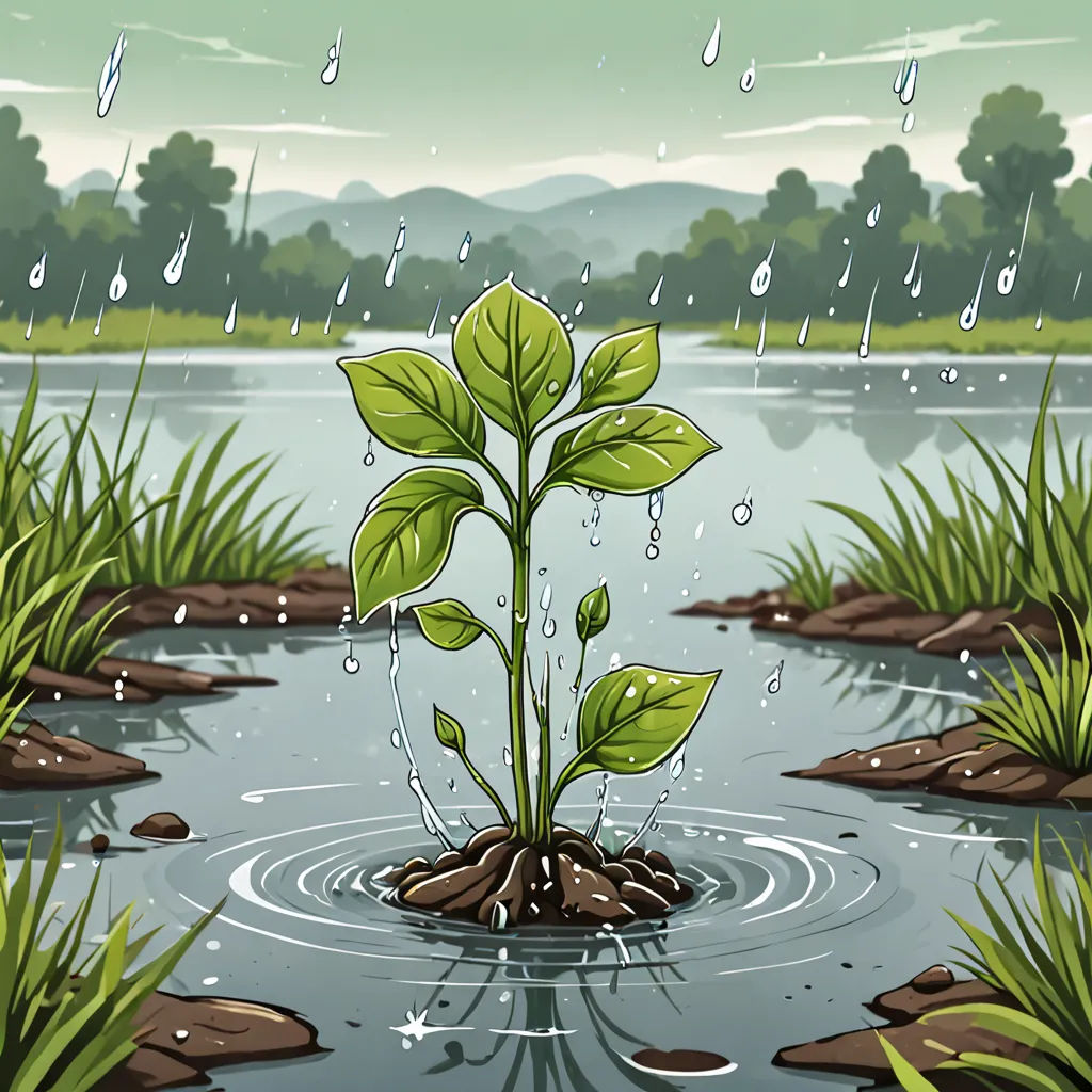 a plant is growing in a puddle of water with rain falling down on it and grass and rocks in the background, environmental art, a storybook illustration, Andries Stock, plants