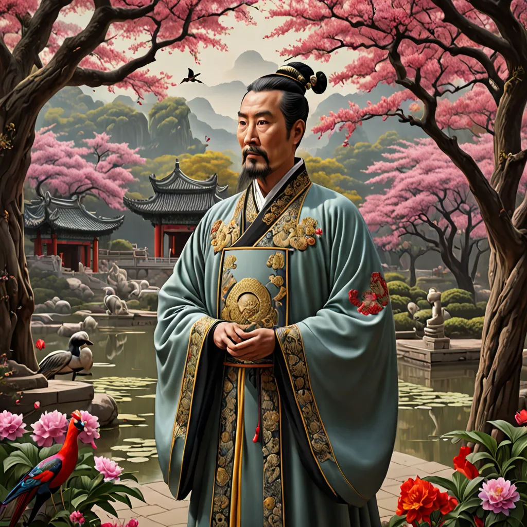 a painting of a man in a chinese dress standing in front of a pond with flowers and trees in the background, cloisonnism, a character portrait, Emperor Huizong of Song, highly detailed digital painting