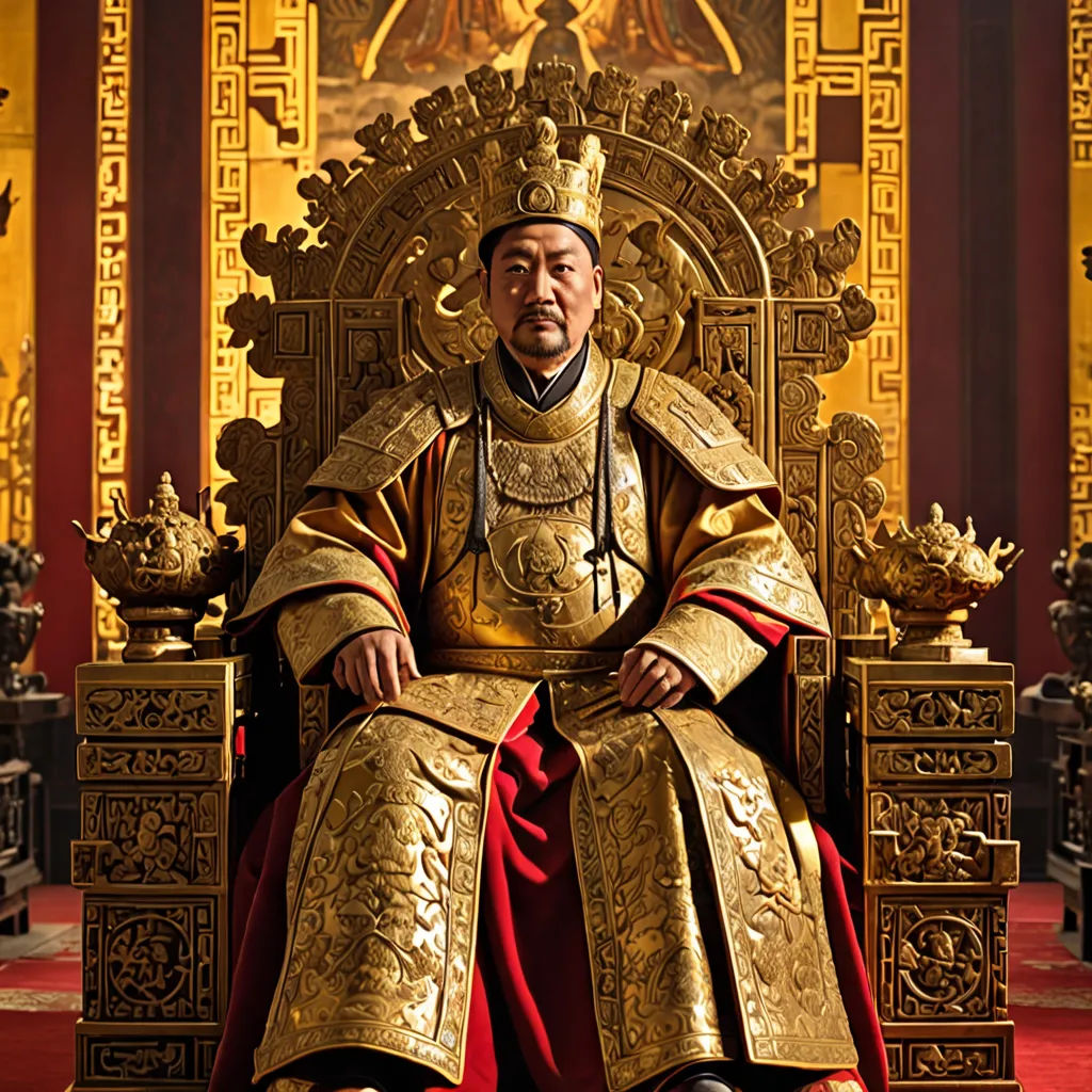 a man in a golden outfit sitting on a golden throne in a room with red carpet and gold walls, cloisonnism, a detailed matte painting, Emperor Huizong of Song, promotional image