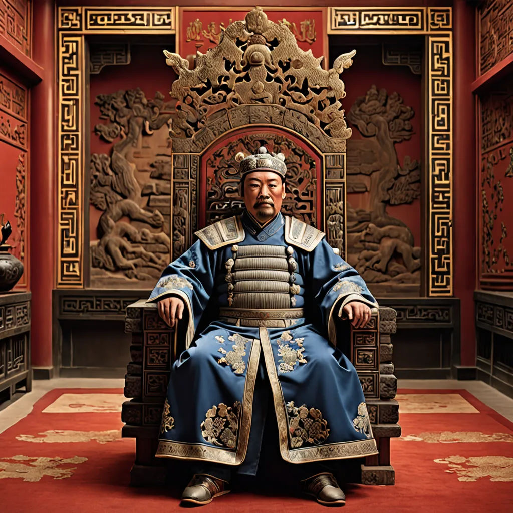 a man in a blue and gold outfit sitting on a chair in a room with red walls and a red carpet, dau-al-set, a character portrait, Emperor Huizong of Song, movie still