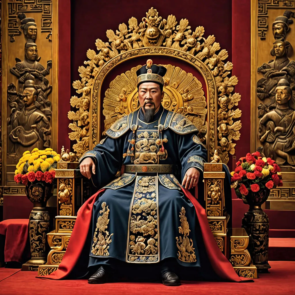 a man sitting on a throne in a room with red carpet and gold decorations on the walls and floor, cloisonnism, a detailed matte painting, Emperor Huizong of Song, promotional image