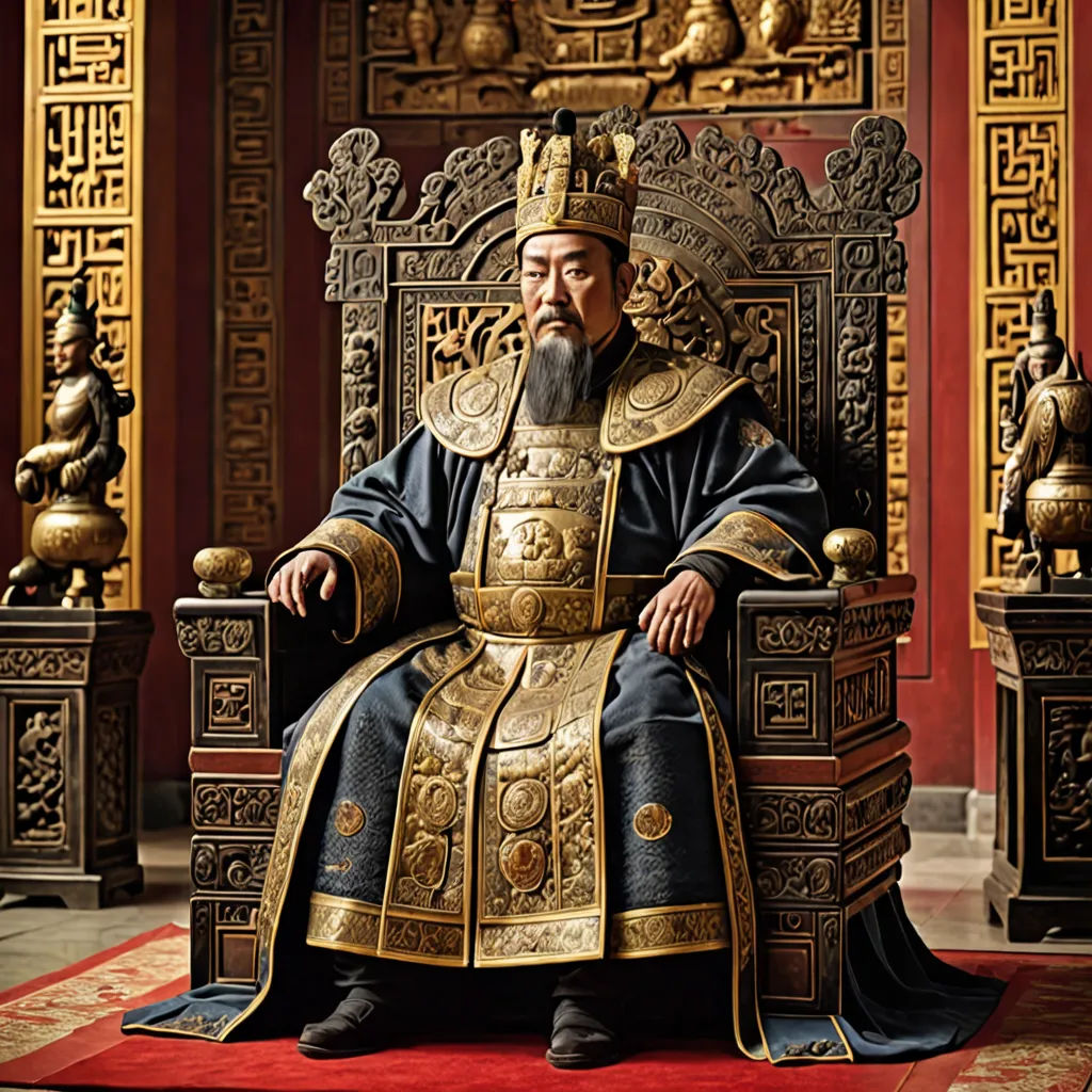 a man sitting on a throne in a room with gold decorations and a red carpet on the floor and a red rug on the floor, cloisonnism, a detailed matte painting, Emperor Huizong of Song, promotional image