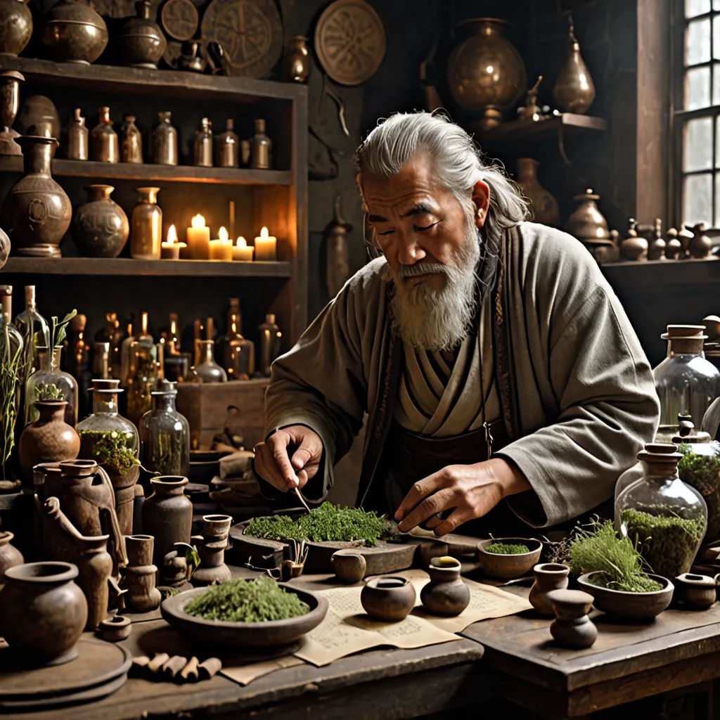 a man in a room with many pots and bowls of plants and herbs on a table with a candle, arts and crafts movement, a detailed matte painting, Bian Jingzhao, kyoto studio