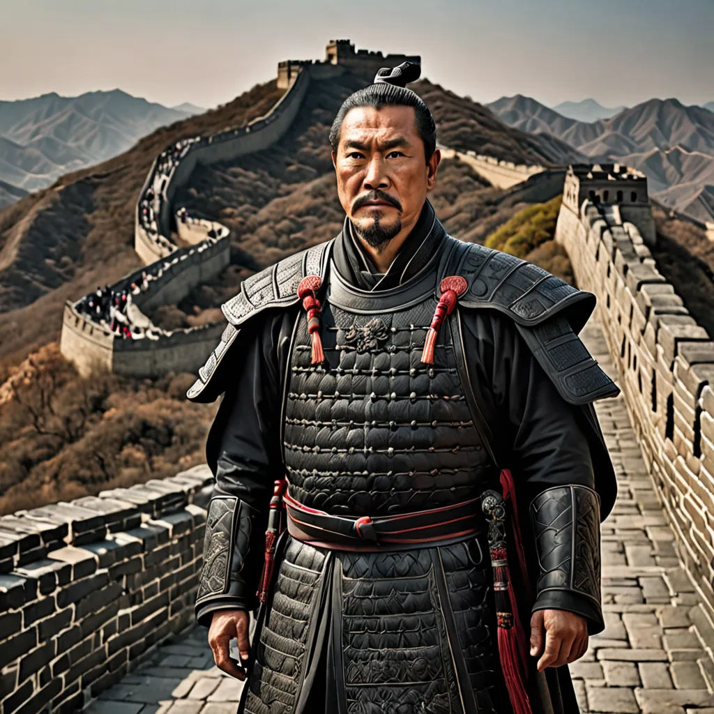 a man in a black and red outfit standing on a wall with a great view of the mountains in the background, dau-al-set, a character portrait, Emperor Huizong of Song, promotional image