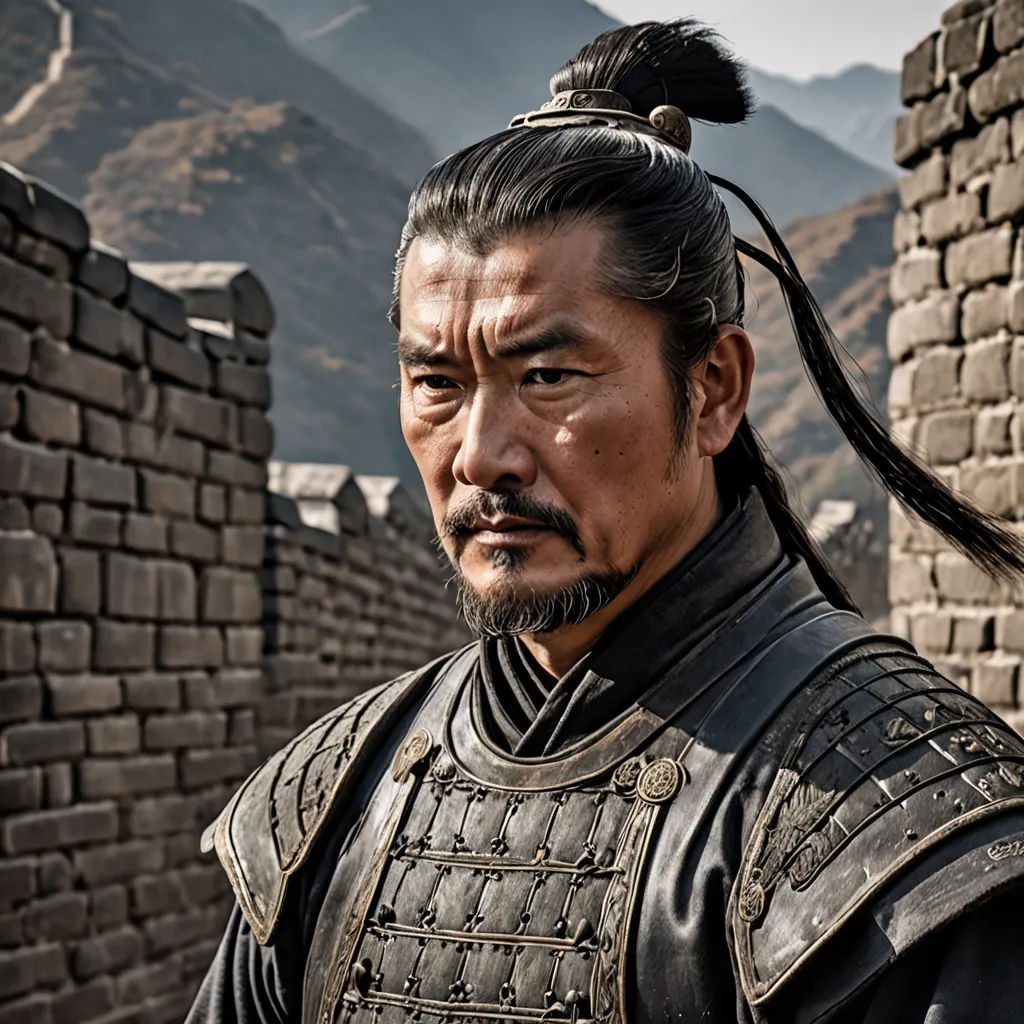 a man with a long black hair and a black helmet on his head standing in front of a brick wall, dau-al-set, a character portrait, Emperor Huizong of Song, movie still