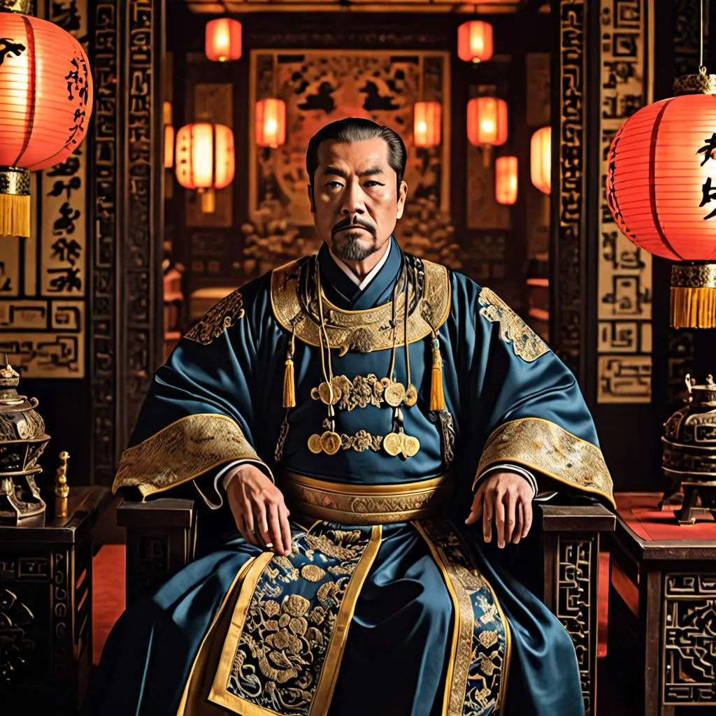 a man in a blue and gold outfit sitting in a chair with lanterns in the background and a red lantern in the foreground, dau-al-set, a character portrait, Emperor Huizong of Song, promotional image