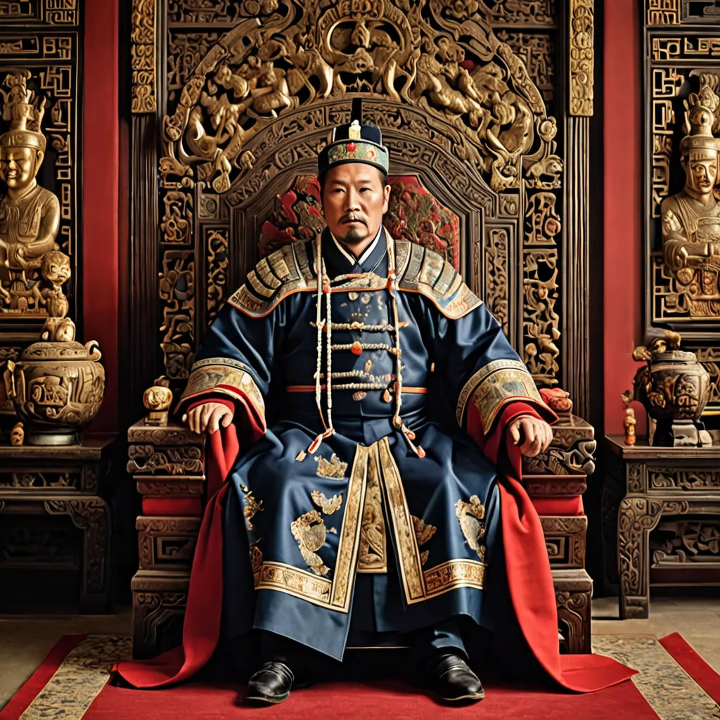 a man in a blue and gold outfit sitting on a throne in a room with gold statues and a red carpet, private press, a character portrait, Emperor Huizong of Song, promotional image