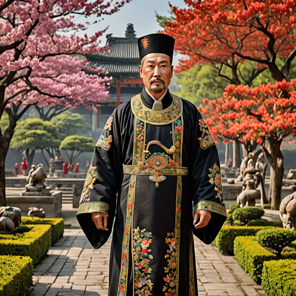 a man in a black and gold outfit standing in front of a garden with trees and flowers in blooming, cloisonnism, a character portrait, Emperor Huizong of Song, promotional image