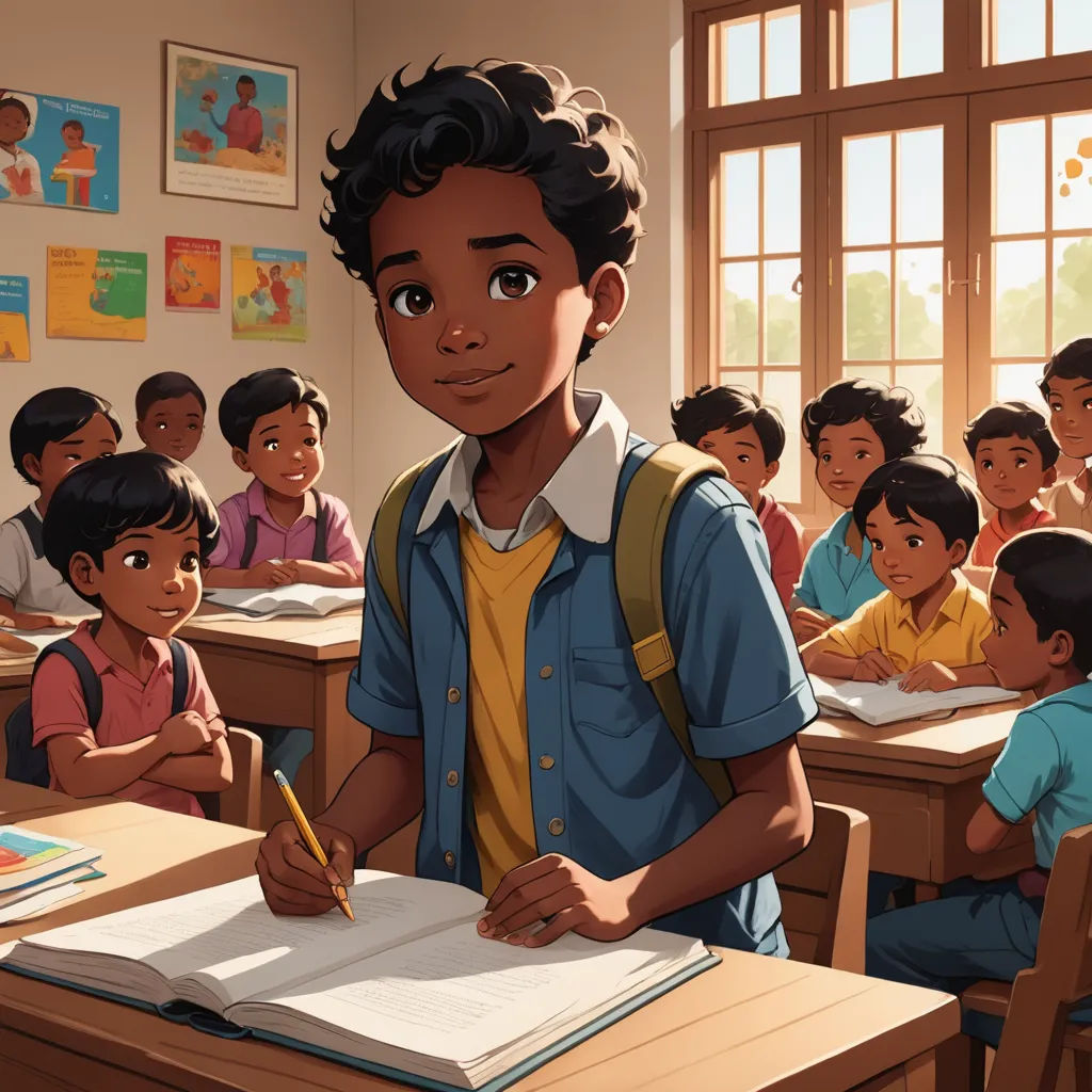 a boy is writing in a classroom full of children sitting at desks and looking at the camera with a pencil, american scene painting, a storybook illustration, Chris LaBrooy, rossdraws global illumination