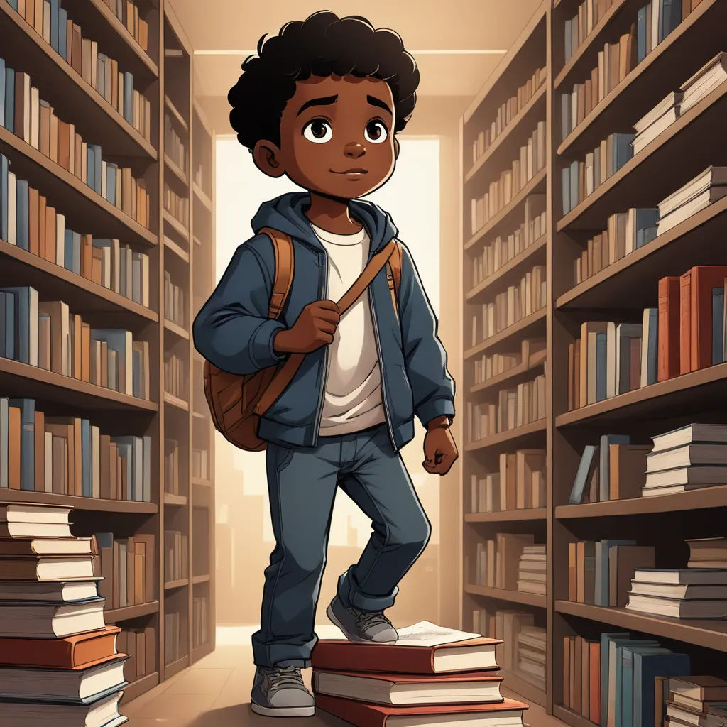 a cartoon boy standing in a library with books on the shelves and a backpack on his shoulder, with a backpack on his shoulder, fantasy art, a storybook illustration, Chris LaBrooy, storybook illustration